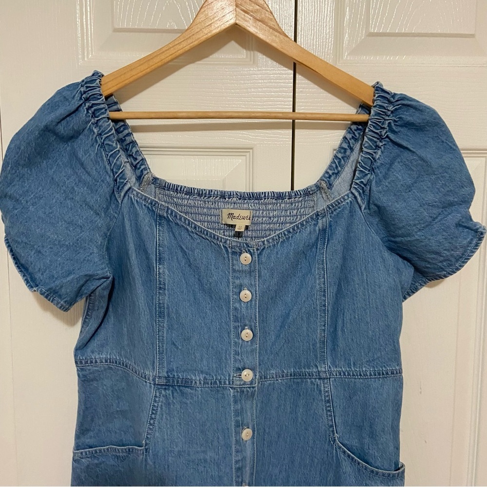 Madewell Denim Button Front Puff-Sleeve Mini Dress Size 12 - Picture 6 of 11